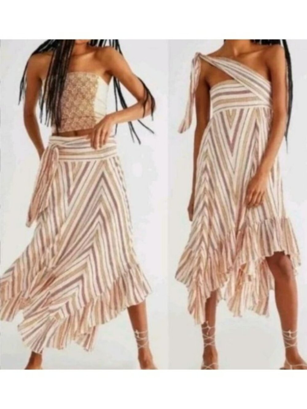 Free People Striped Boho Maxi Skirt  Convertible Ruffle Hem Tie Waist Size L/G